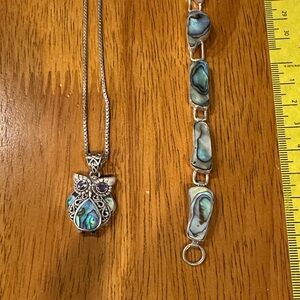Silver and Abalone Blue Owl Pendant Necklace and Bracelet Set. Amethyst Eyes